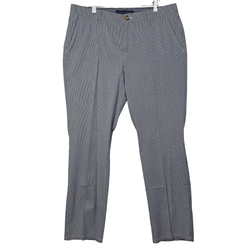 Tommy Hilfiger Womens 12 Blue White Pinstripe Chino Pants Straight Leg Preppy
